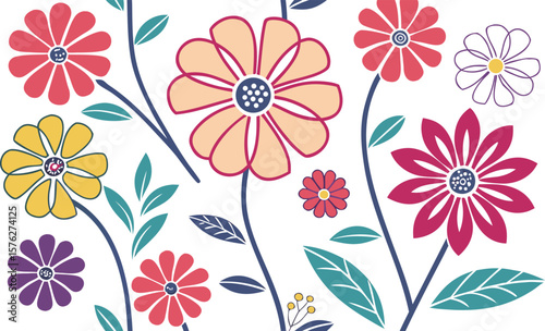 Mod flowers vector graphics. mod flower border patterns. vector flowers. A seamless vector pattern of colorful, abstract mod-style flowers.
