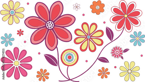 Mod flowers vector graphics. mod flower border patterns. vector flowers. A seamless vector pattern of colorful, abstract mod-style flowers.