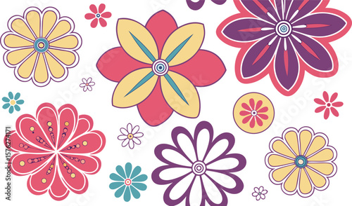 Mod flowers vector graphics. mod flower border patterns. vector flowers. A seamless vector pattern of colorful, abstract mod-style flowers.
