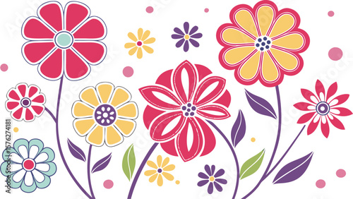 Mod flowers vector graphics. mod flower border patterns. vector flowers. A seamless vector pattern of colorful, abstract mod-style flowers.