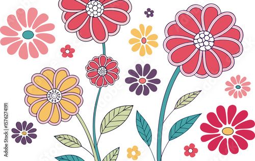 Mod flowers vector graphics. mod flower border patterns. vector flowers. A seamless vector pattern of colorful, abstract mod-style flowers.
