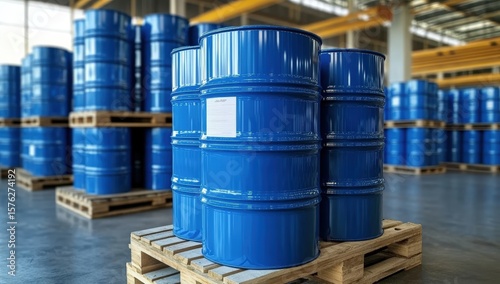 Blue industrial barrels stacked on wooden pallets inside a spacious warehouse with high ceilings and metal beams.
