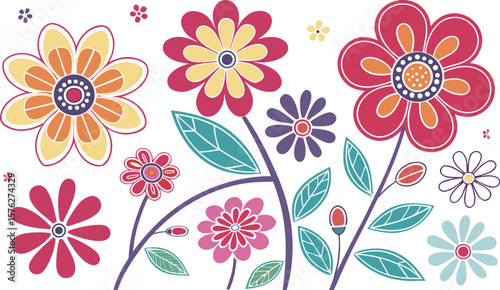 Mod flowers vector graphics. mod flower border patterns. vector flowers. A seamless vector pattern of colorful, abstract mod-style flowers.