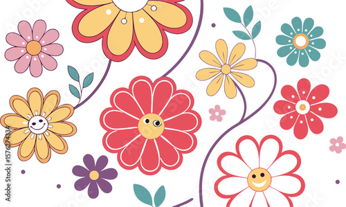 Mod flowers vector graphics. mod flower border patterns. vector flowers. A seamless vector pattern of colorful, abstract mod-style flowers.