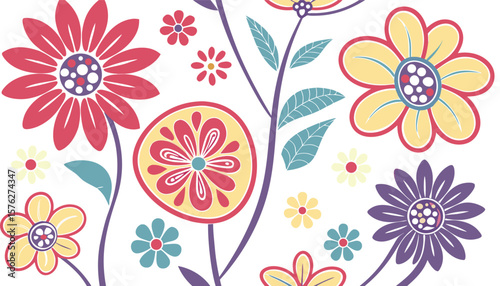 Mod flowers vector graphics. mod flower border patterns. vector flowers. A seamless vector pattern of colorful, abstract mod-style flowers.