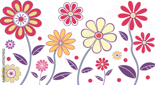 Mod flowers vector graphics. mod flower border patterns. vector flowers. A seamless vector pattern of colorful, abstract mod-style flowers.