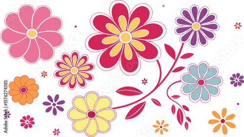 Mod flowers vector graphics. mod flower border patterns. vector flowers. A seamless vector pattern of colorful, abstract mod-style flowers.