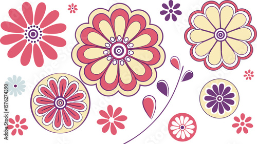 Mod flowers vector graphics. mod flower border patterns. vector flowers. A seamless vector pattern of colorful, abstract mod-style flowers.