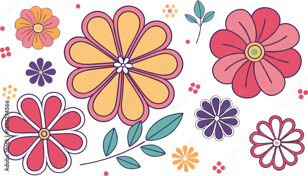 Obraz premium Mod flowers vector graphics. mod flower border patterns. vector flowers. A seamless vector pattern of colorful, abstract mod-style flowers.