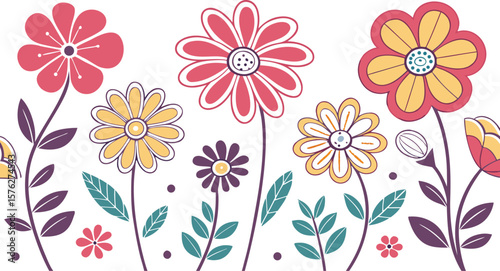 Mod flowers vector graphics. mod flower border patterns. vector flowers. A seamless vector pattern of colorful, abstract mod-style flowers.