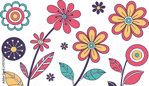 Mod flowers vector graphics. mod flower border patterns. vector flowers. A seamless vector pattern of colorful, abstract mod-style flowers.