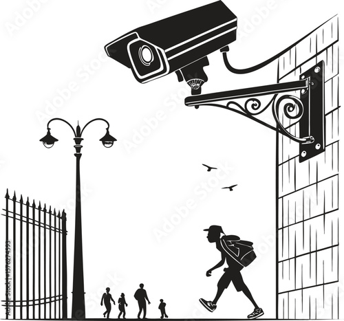 Surveillance camera watches people and birds on street