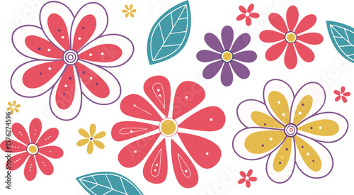 Mod flowers vector graphics. mod flower border patterns. vector flowers. A seamless vector pattern of colorful, abstract mod-style flowers.