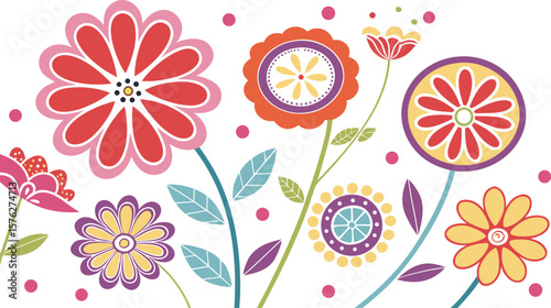 Mod flowers vector graphics. mod flower border patterns. vector flowers. A seamless vector pattern of colorful, abstract mod-style flowers.