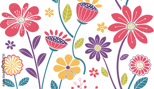Mod flowers vector graphics. mod flower border patterns. vector flowers. A seamless vector pattern of colorful, abstract mod-style flowers.
