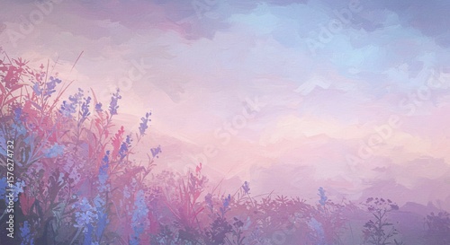Painted Meadow Landscape with Pastel Sky and Wildflowers