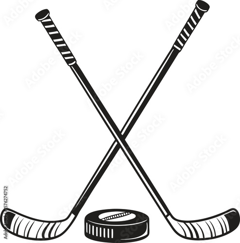 Two crossed black hockey sticks and puck ice hockey
