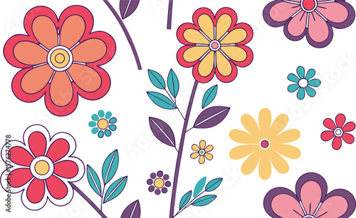 Mod flowers vector graphics. mod flower border patterns. vector flowers. A seamless vector pattern of colorful, abstract mod-style flowers.