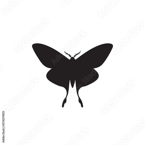 Black luna moth silhouette isolated on white background