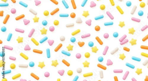 Scattered Colorful Candy Sprinkles Pattern on White Background
