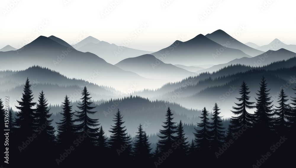 Obraz premium A serene layered mountain landscape with dense pine forests and misty valleys, depicted in monochromatic tones.