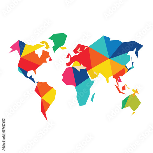Vibrant and modern abstract geometric world map illustration with bold colors and clean lines