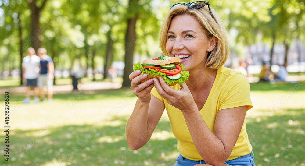 Woman enjoying healthy food outdoors. Happy woman eating fresh vegetable sandwich in park on sunny day. Healthy eating, outdoor lifestyle Woman enjoying healthy food outdoors. Happy woman eating fresh vegetable sandwich in park on sunny day. Healthy eating, outdoor lifestyle