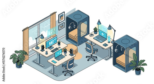 Isometric illustration of a modern, collaborative workspace with soundproof booths and ergonomic desks.