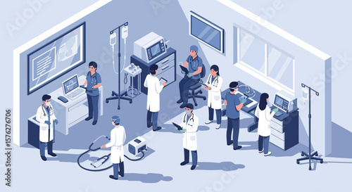 A medical team works in a hospital room, useful for healthcare branding and showcasing modern medicine in a scalable format.