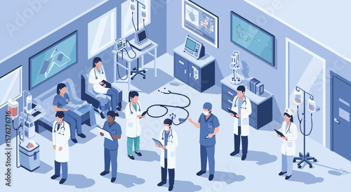 Medical staff caring for patients fills this contemporary isometric clinic scene, suitable for healthcare promotions or medical facility designs.