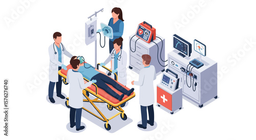 Medical team attending to a patient on a stretcher in a hospital emergency room, surrounded by medical equipment.