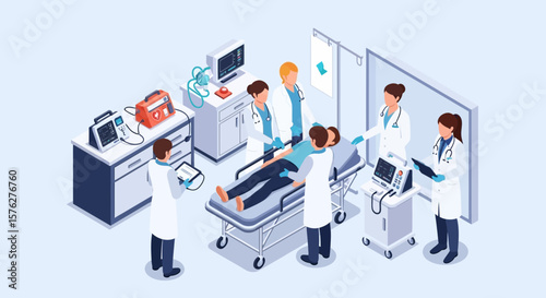Medical team attending to a patient in a hospital emergency room.