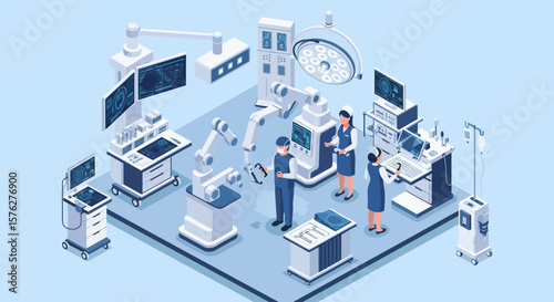 Modern surgical team utilizing robotic assistance and advanced medical technology in a high-tech operating room.