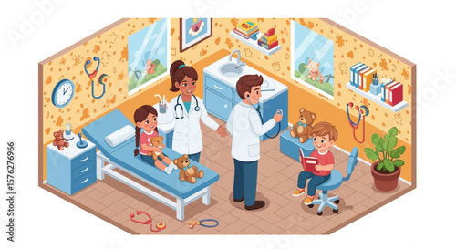 Charming artwork features a children's doctor's office scene with playful elements, great for pediatric medical clinics, hospitals, or healthcare related designs.