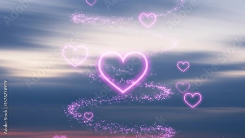 Animated Neon Hearts Ascending in a Dreamy Sky with Sparkling Trail