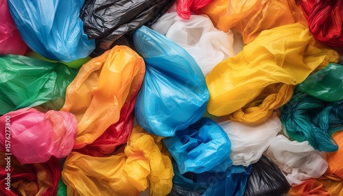 colorful disposable plastic bags background crinkled and jumbled structure plastic waste pollution