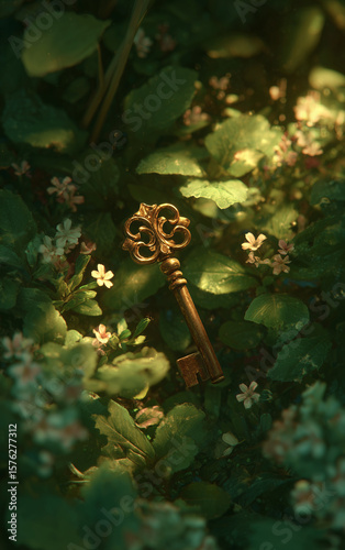ornate antique golden key lying in dewy garden greenery — perfect for use in fantasy book covers, storytelling visuals, mystery, discovery, or hidden secrets