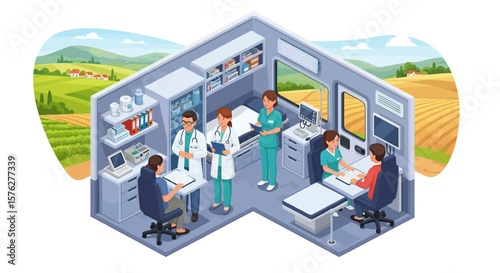 Mobile clinic travels to farms and rural communities, bringing doctors, nurses, and medical care services directly to patients.