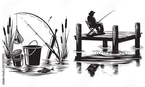 Fishing Man Catching Jumping Fish Silhouette vector 