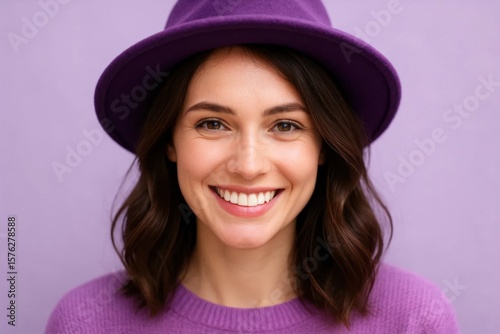A woman radiates happiness with a purple hat against a serene purple backdrop