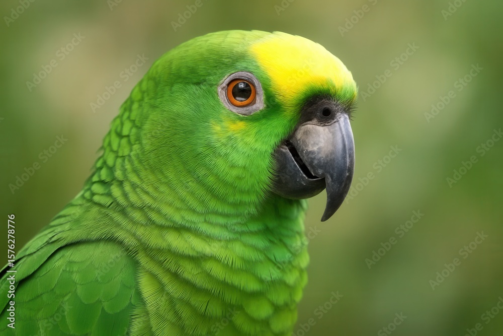 Fototapeta premium A vibrant green parrot with striking yellow markings gazes serenely into the distance