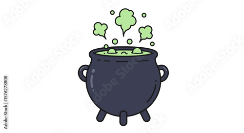 A cartoon illustration of a black cauldron with green potion and vapor bubbles on a white background
