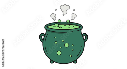 Illustration of a green cauldron with bubbling green liquid and steam rising, on a white background