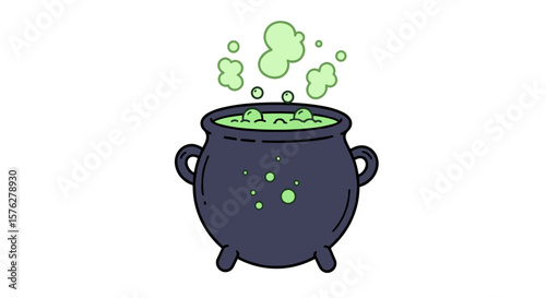 Illustration of a witch's cauldron with bubbling green potion and rising vapor on a white background scene