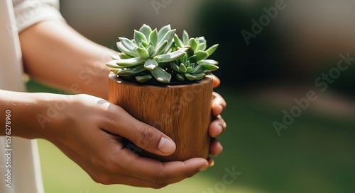 Close-up of hands holding a wooden planter with a succulent plant.