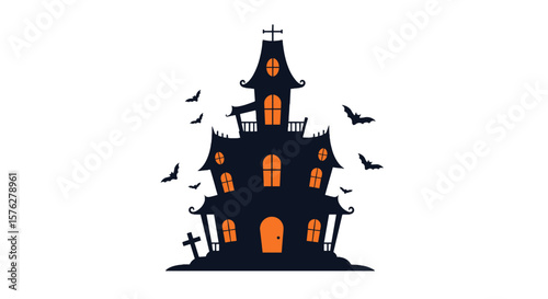 Silhouette of a spooky haunted house with glowing windows and bats flying around on a white background