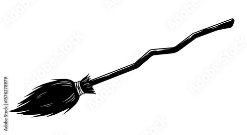 A detailed monochrome illustration of a witch's broom with a wooden handle and bristles, isolated on white