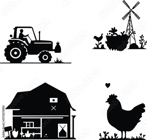 Farm Life Silhouette Vector Set – Black and White Icons of Tractor, Barn, Windmill, and Chickens