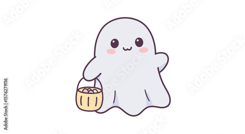 A cute cartoon ghost with rosy cheeks holding a yellow bucket filled with candy in a simple illustration