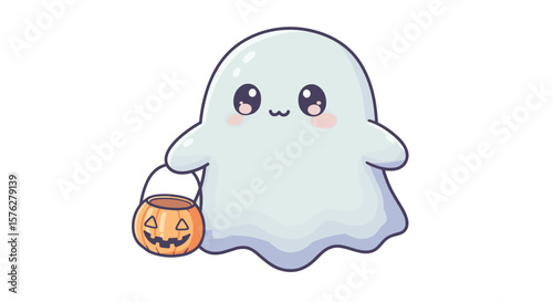 A cute cartoon ghost with big eyes and pink cheeks holding a jack o lantern bucket for trick or treating